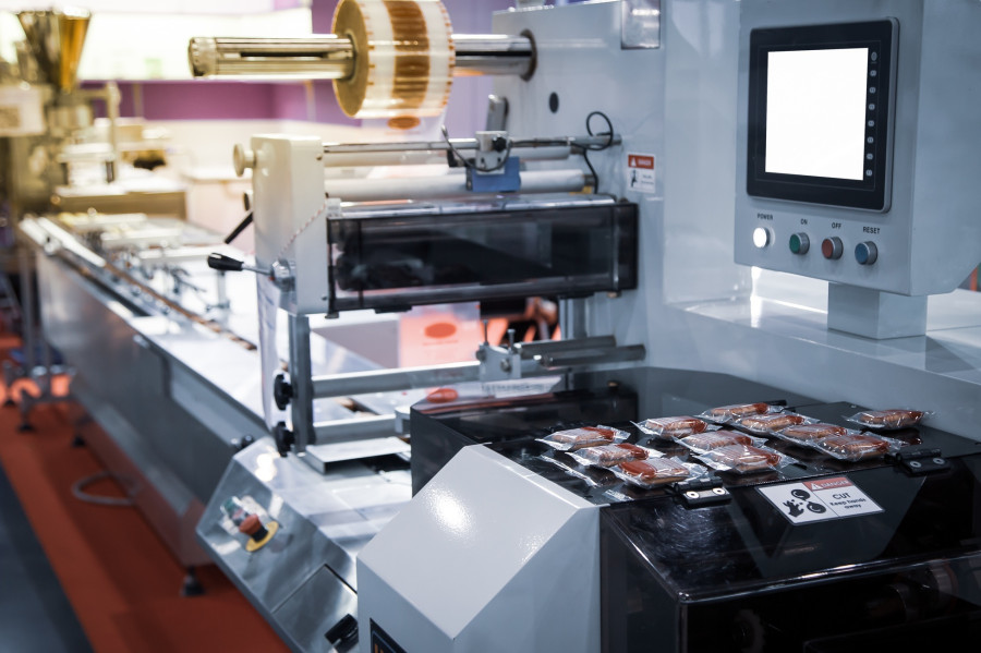 Linia pakująca z maszyną typu flow pack w zakładzie produkcyjnym